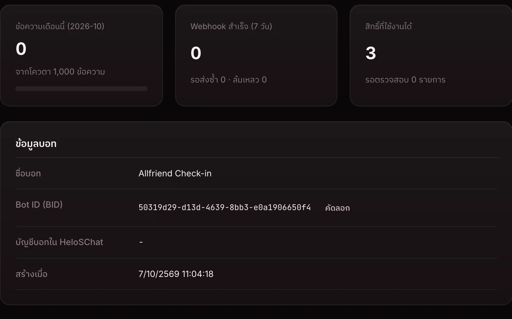 ภาพรวมบอทใน Console: ข้อความเดือนนี้ Webhook สำเร็จ และสิทธิ์ที่ใช้ได้